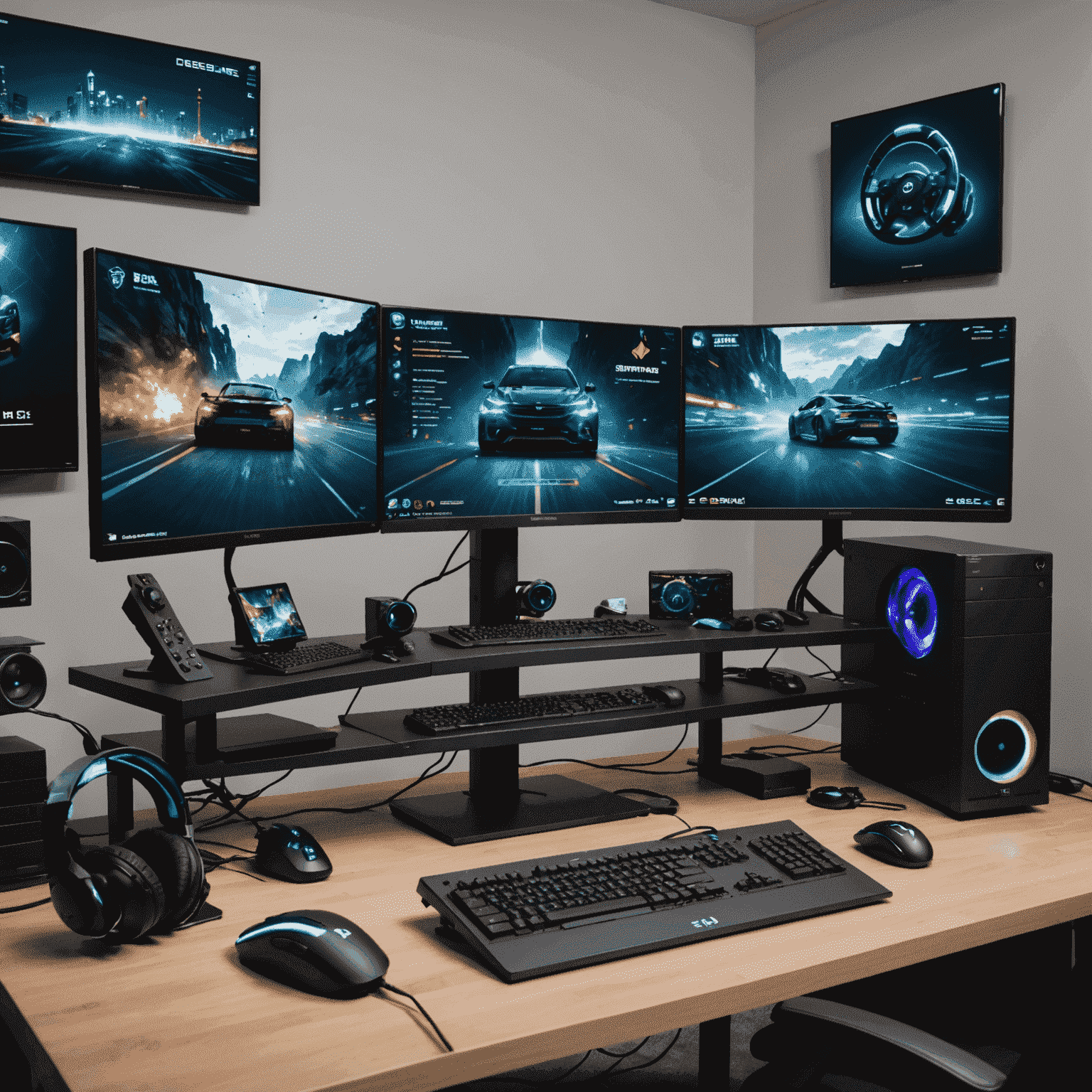 A professional gaming setup with multiple monitors displaying various performance metrics and benchmark results. The image showcases different gaming platforms (PC, consoles, mobile devices) connected to sophisticated testing equipment.
