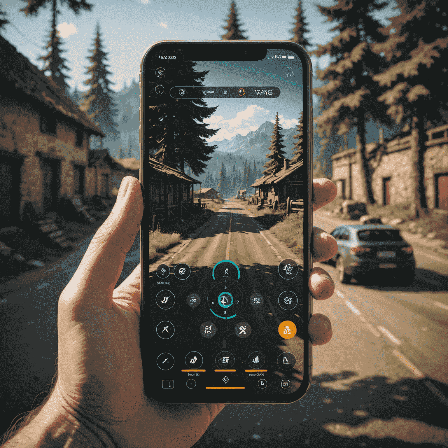 A mobile phone displaying a high-performance game with smooth graphics and a performance overlay showing FPS and resource usage