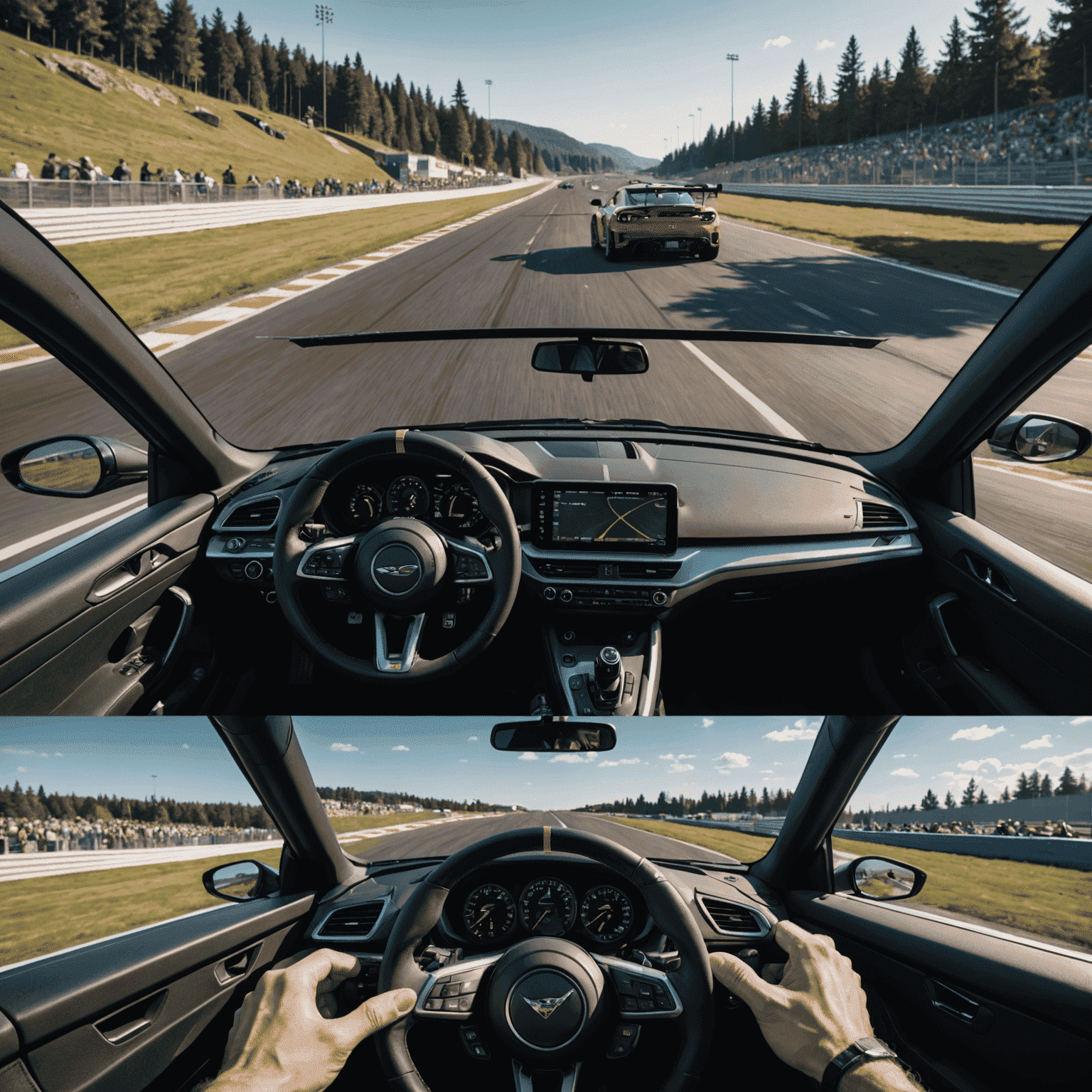 A split screen showing a racing game running simultaneously on a PC, console, and mobile device, with performance metrics overlaid on each screen