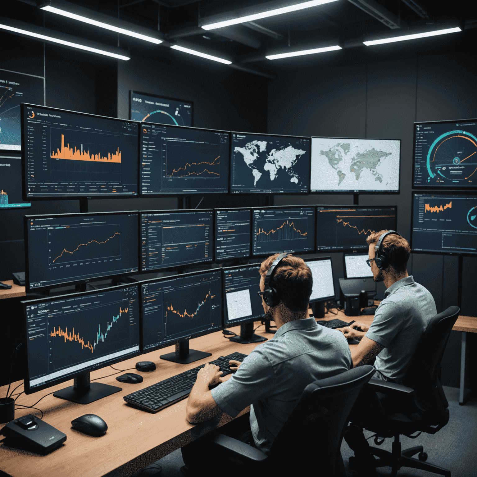 A team of performance testers analyzing game performance data on multiple screens. The image shows various charts, graphs, and benchmarking tools being used to assess a game's performance across different platforms.