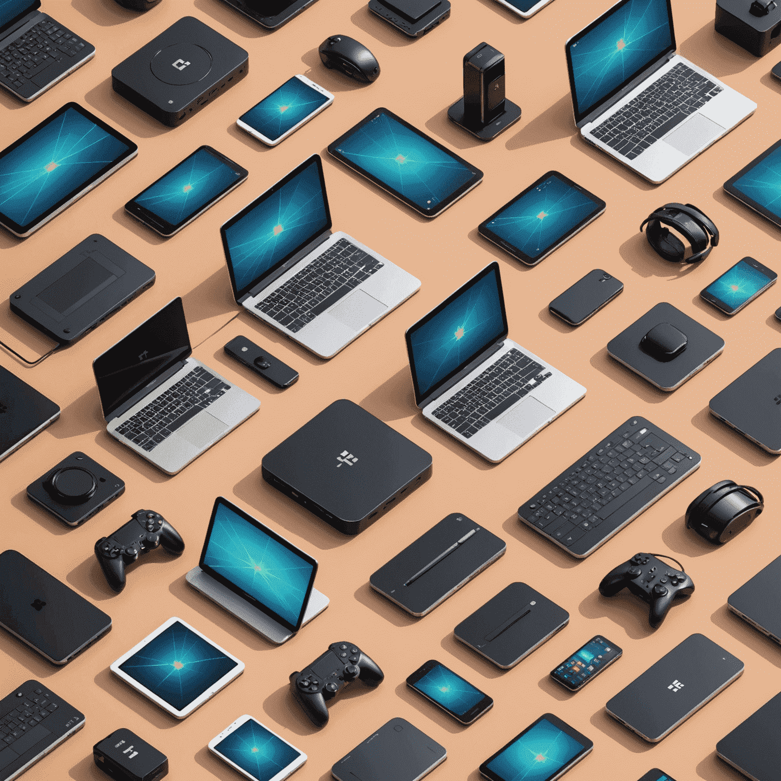 A collection of various gaming devices including smartphones, tablets, laptops, and desktop computers arranged in a grid pattern. Each device displays a performance graph or benchmark result, symbolizing the cross-device benchmarking process.