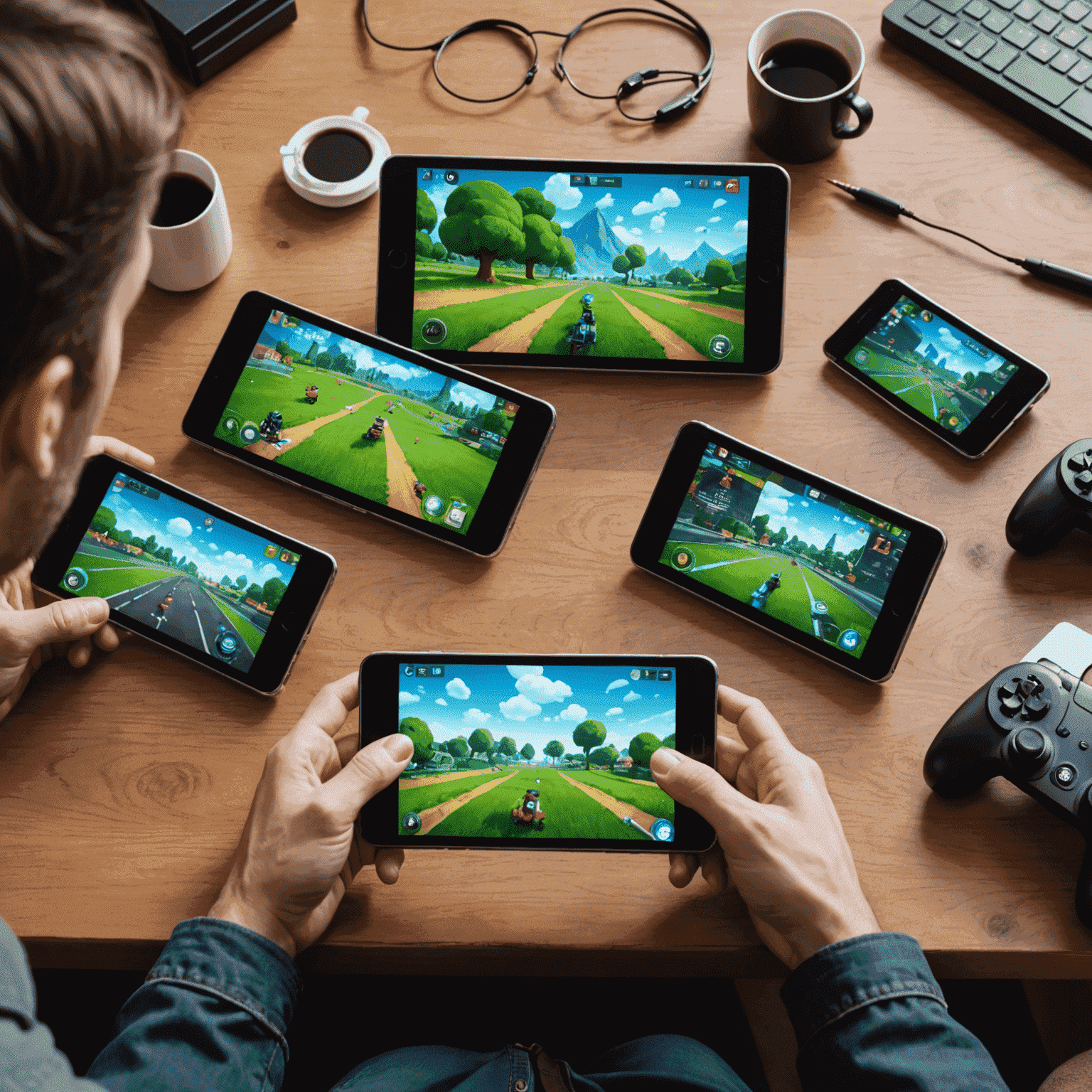 Multiple devices including smartphones, tablets, and gaming consoles displaying the same game interface, demonstrating cross-platform compatibility