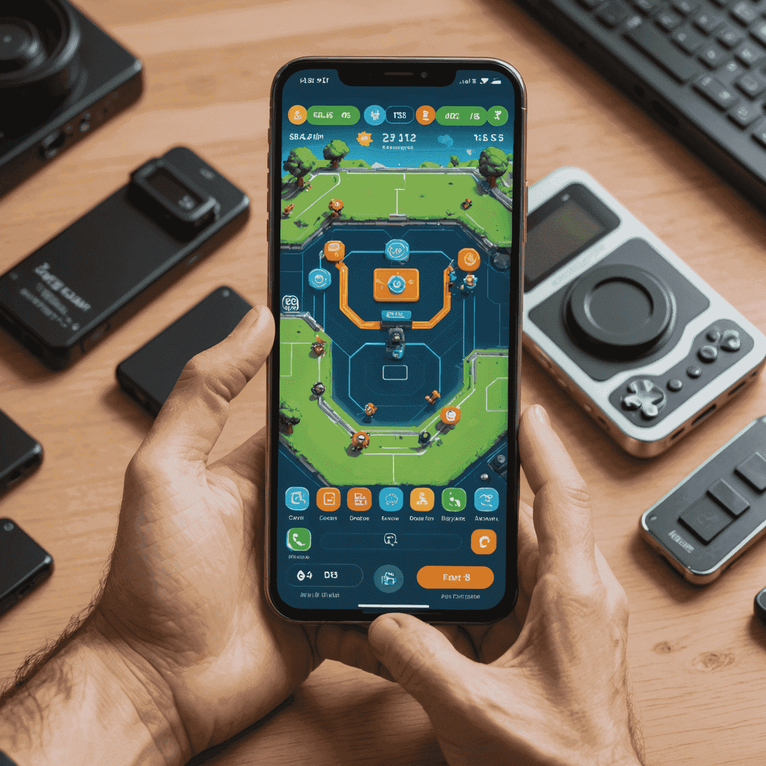 A smartphone displaying a mobile game with various optimization tools and metrics surrounding it, including frame rate counters, memory usage, and battery consumption indicators