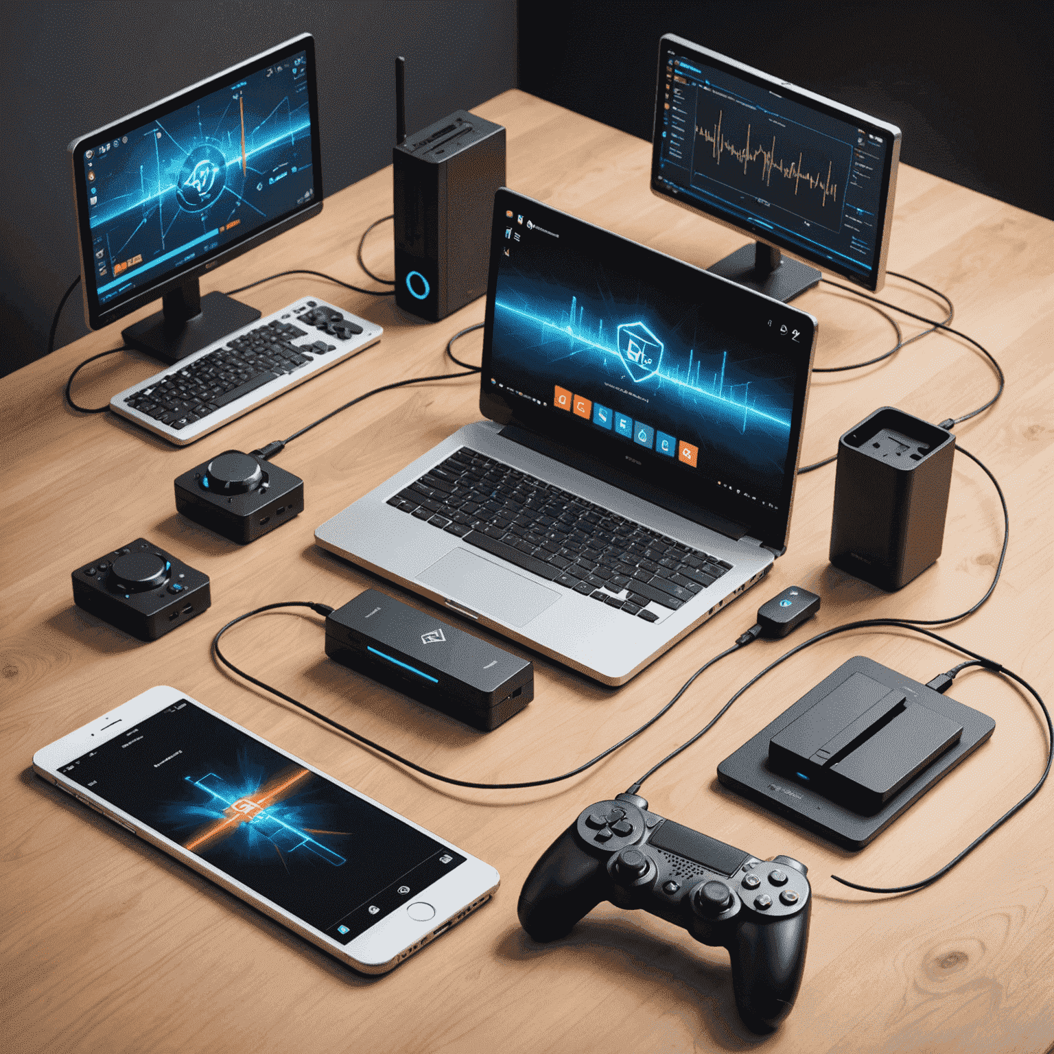 Multiple gaming devices including a PC, console, and mobile phone connected by lines, symbolizing cross-platform compatibility, with performance charts and compatibility icons