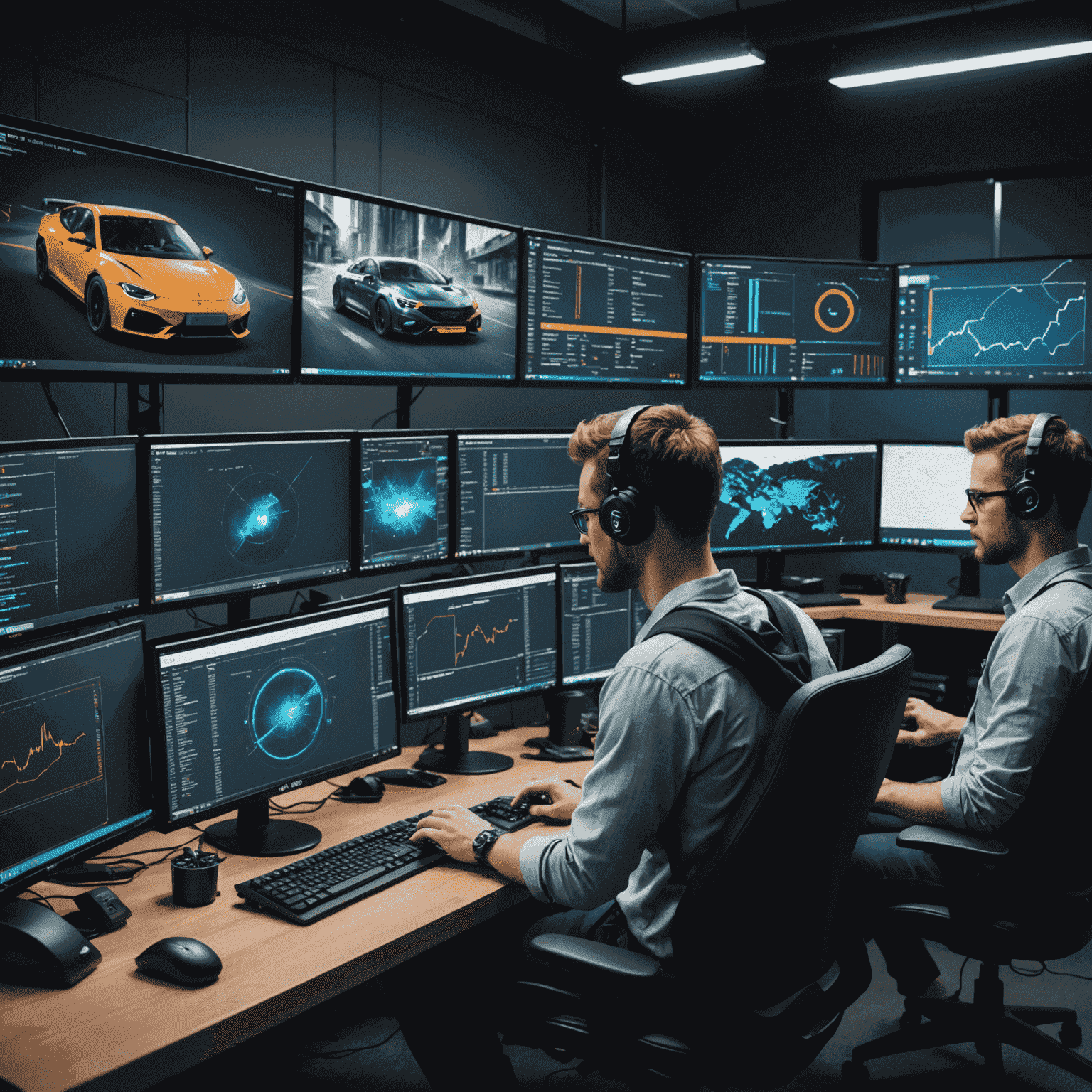 A team of developers working on custom code and tools, surrounded by monitors displaying various game performance metrics and debugging information